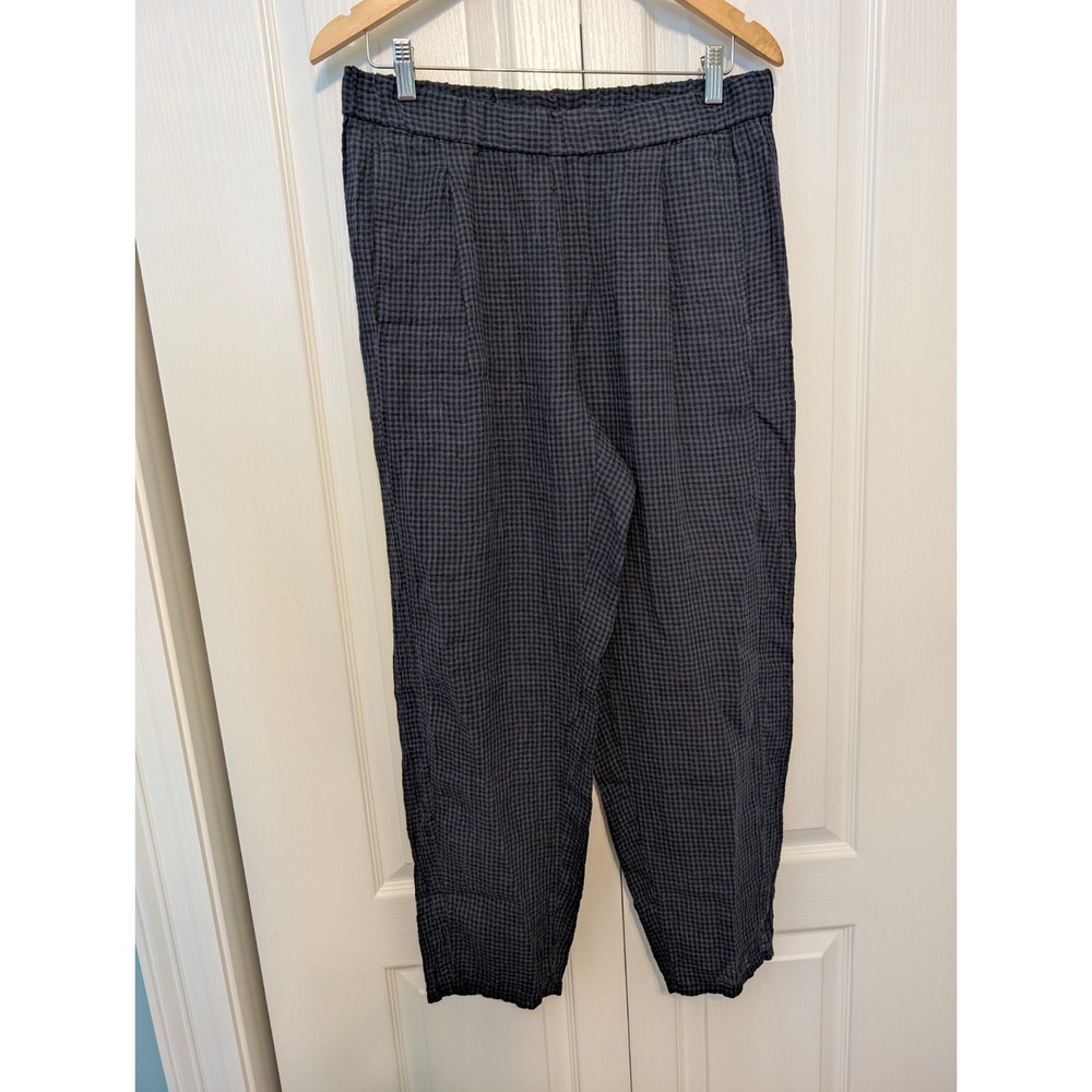 Eileen Fisher Puckered Organic Linen Blue checkered. Tapered Ankle Pants 31x27